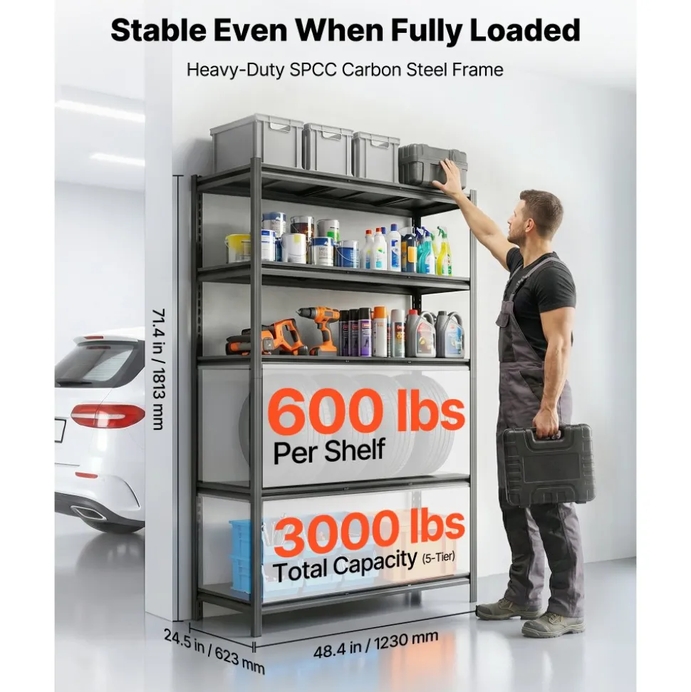 VEVOR Storage Shelves, 5-Tier Adjustable, 3000 lbs Capacity, Heavy Duty Garage Storage Shelving Unit, Metal Utility Rack Shelf, for Garage Workshop Warehouse Basement, 48.43" W x 24.53" D x 71.38" H