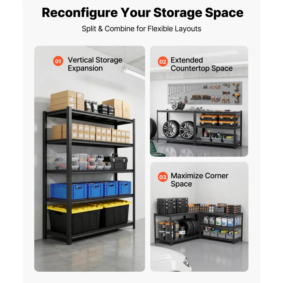 VEVOR Storage Shelves, 5-Tier Adjustable, 3000 lbs Capacity, Heavy Duty Garage Storage Shelving Unit, Metal Utility Rack Shelf, for Garage Workshop Warehouse Basement, 48.43" W x 24.53" D x 71.38" H