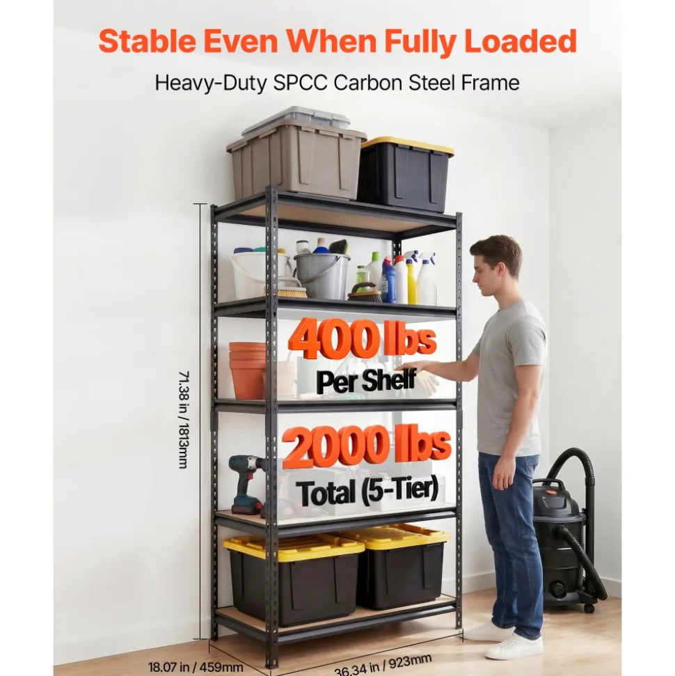VEVOR Storage Shelves, 5-Tier Adjustable, 2000 lbs Capacity, Heavy Duty Garage Storage Shelving Unit, Metal Utility Rack Shelf, for Garage Warehouse Basement Kitchen, 36.34" W x 18.07" D x 71.38" H