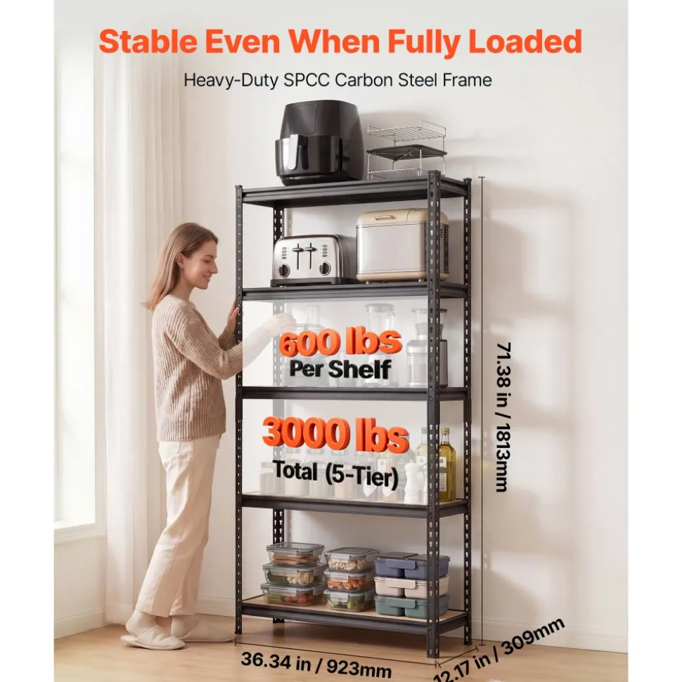 VEVOR Storage Shelves, 5-Tier Adjustable, 3000 lbs Capacity, Heavy Duty Garage Storage Shelving Unit, Metal Utility Rack Shelf, for Garage Workshop Warehouse Basement, 48.43" W x 18.31" D x 77.24" H