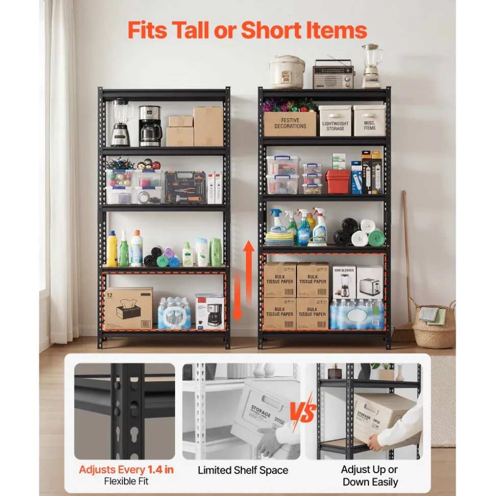 VEVOR Storage Shelves, 5-Tier Adjustable, 3000 lbs Capacity, Heavy Duty Garage Storage Shelving Unit, Metal Utility Rack Shelf, for Garage Workshop Warehouse Basement, 48.43" W x 18.31" D x 77.24" H