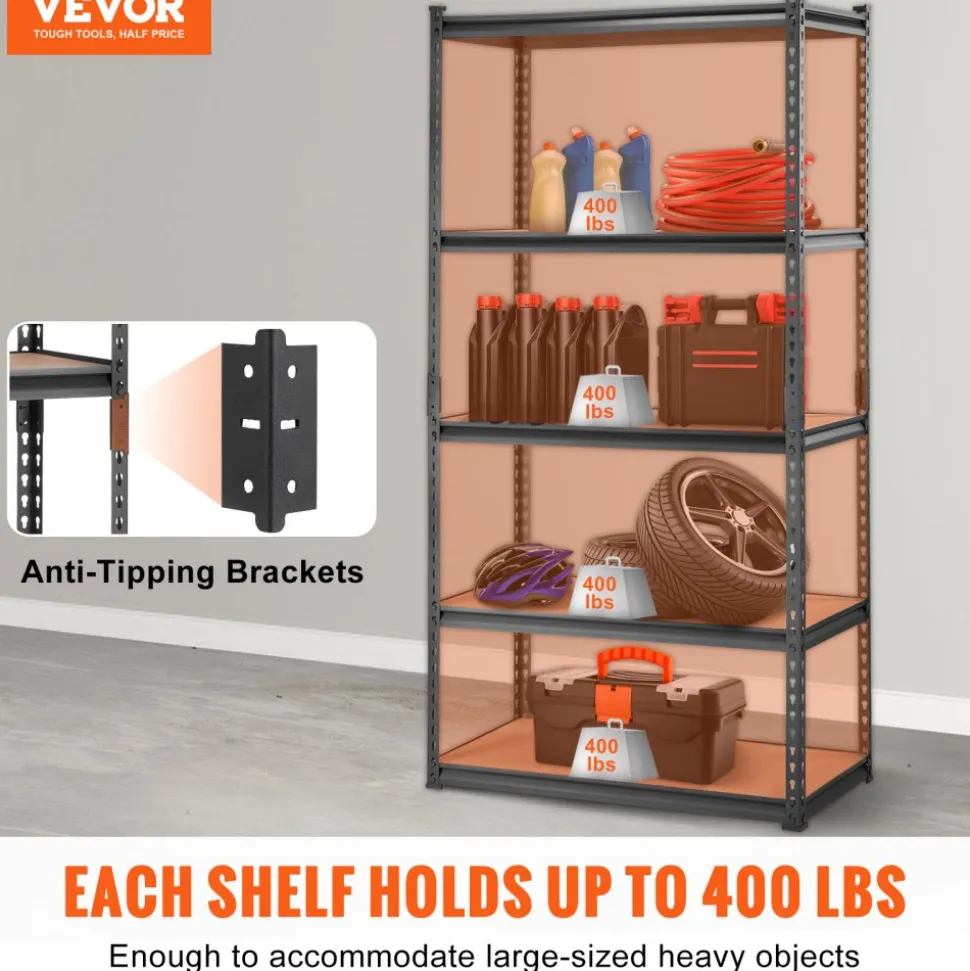 VEVOR Storage Shelving Unit, 5-Tier Adjustable, 2000 lbs Capacity, Heavy Duty Garage Shelves Metal Organizer Utility Rack, Black, 35" L x 18" W x 71" H for Kitchen Pantry Basement Bathroom Laundry