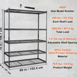 VEVOR Storage Shelving Unit, 5-Tier Adjustable, 2000 lbs Capacity, Heavy Duty Garage Shelves Metal Organizer Wire Rack, Black, 60