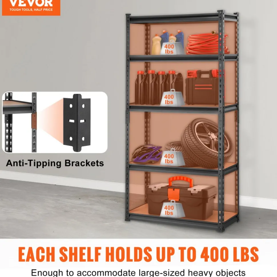VEVOR Storage Shelving Unit, 5-Tier Adjustable, 2000 lbs Capacity, Heavy Duty Garage Shelves Metal Organizer Utility Rack, Black, 30" L x 12" W x 60" H for Kitchen Pantry Basement Bathroom Laundry
