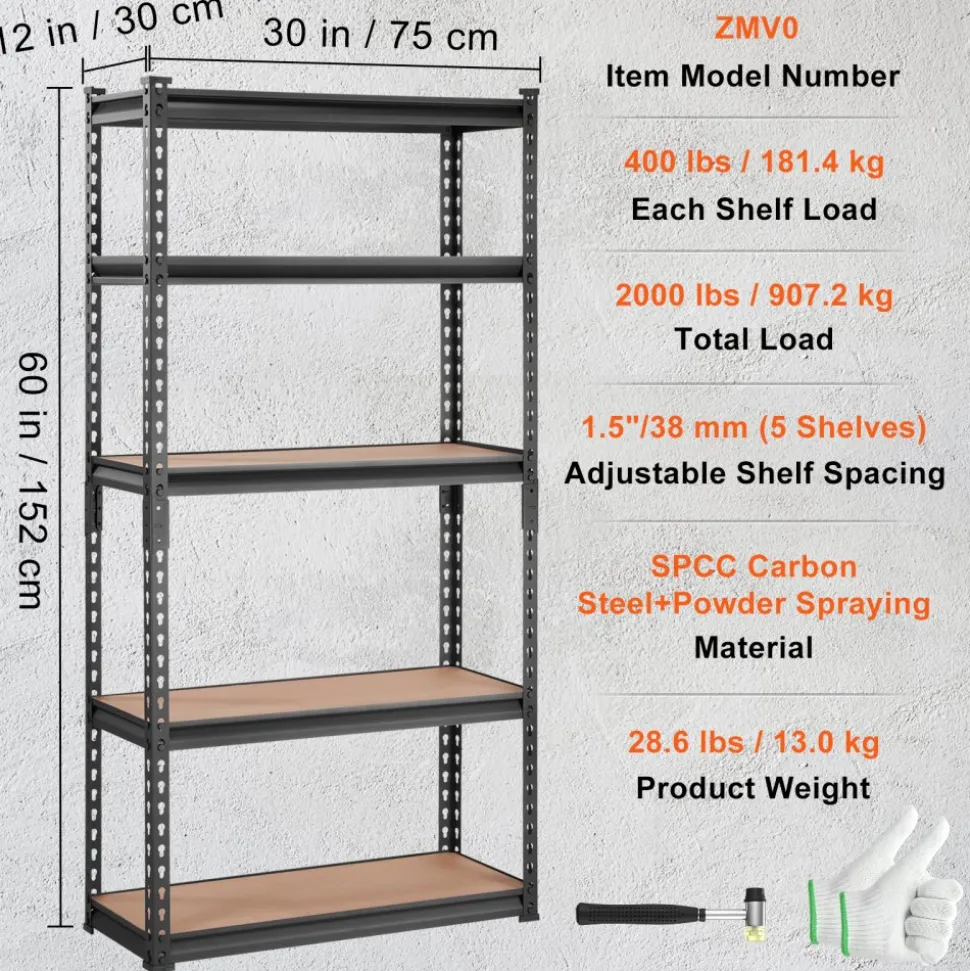 VEVOR Storage Shelving Unit, 5-Tier Adjustable, 2000 lbs Capacity, Heavy Duty Garage Shelves Metal Organizer Utility Rack, Black, 30" L x 12" W x 60" H for Kitchen Pantry Basement Bathroom Laundry