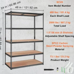 VEVOR Storage Shelving Unit, 5-Tier Adjustable, 2000 lbs Capacity, Heavy Duty Garage Shelves Metal Organizer Utility Rack, Black, 48" L x 24" W x 72" H for Kitchen Pantry Basement Bathroom Laundry
