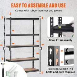VEVOR Storage Shelving Unit, 5-Tier Adjustable, 2000 lbs Capacity, Heavy Duty Garage Shelves Metal Organizer Utility Rack, Black, 48