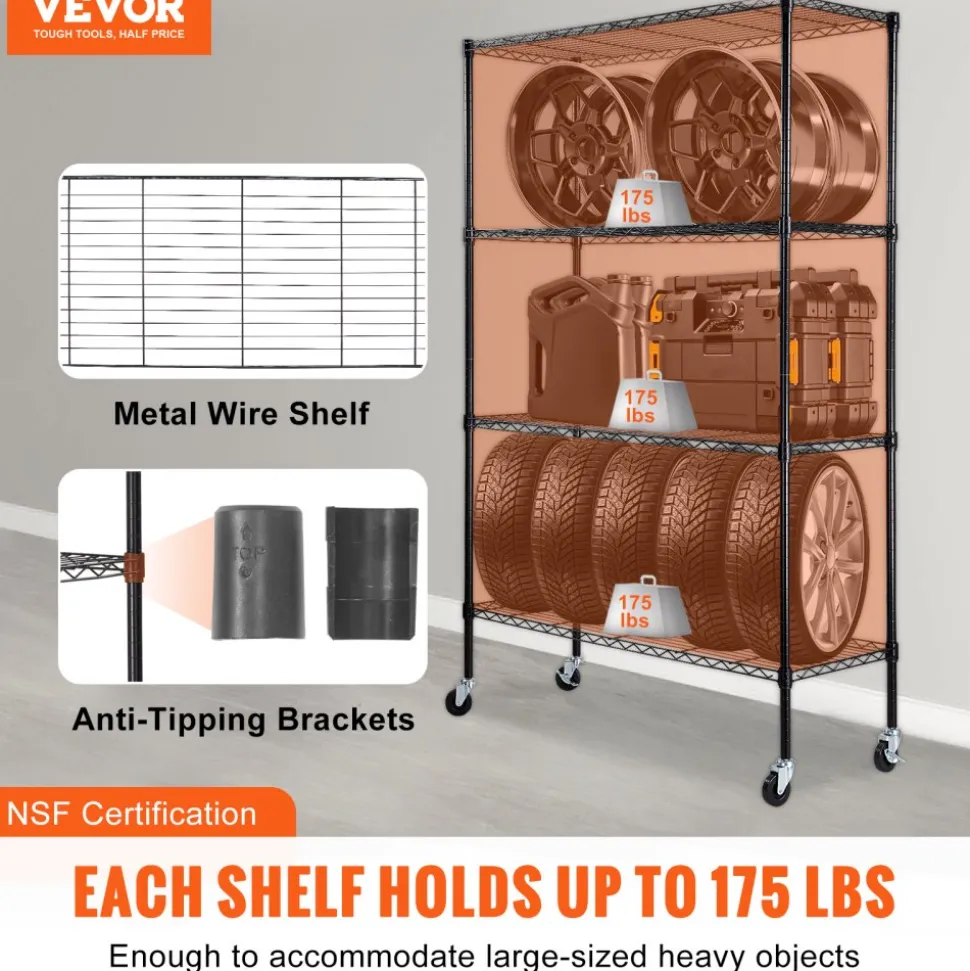 VEVOR Storage Shelving Unit with Wheels, 4-Tier Adjustable, 700 lbs Capacity, Heavy Duty Garage Shelves Metal Organizer Wire Rack, Black, 47.2" L x 17.7" W x 74" H for Kitchen Pantry Basement Bathroom