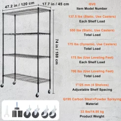 VEVOR Storage Shelving Unit with Wheels, 4-Tier Adjustable, 700 lbs Capacity, Heavy Duty Garage Shelves Metal Organizer Wire Rack, Black, 47.2