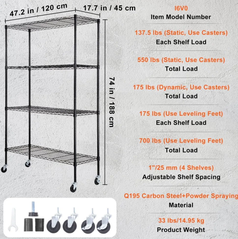 VEVOR Storage Shelving Unit with Wheels, 4-Tier Adjustable, 700 lbs Capacity, Heavy Duty Garage Shelves Metal Organizer Wire Rack, Black, 47.2" L x 17.7" W x 74" H for Kitchen Pantry Basement Bathroom