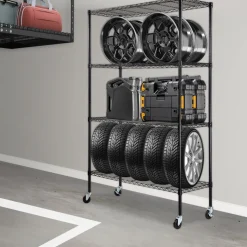 VEVOR Storage Shelving Unit with Wheels, 4-Tier Adjustable, 700 lbs Capacity, Heavy Duty Garage Shelves Metal Organizer Wire Rack, Black, 47.2