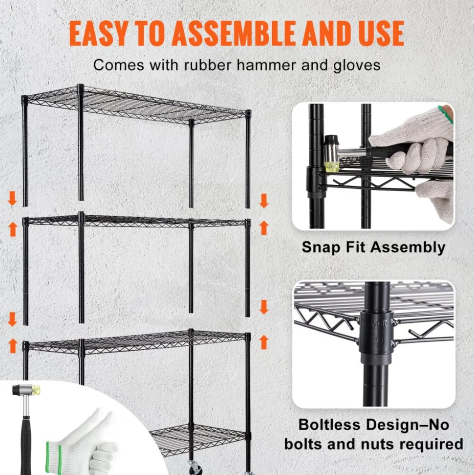 VEVOR Storage Shelving Unit with Wheels, 4-Tier Adjustable, 700 lbs Capacity, Heavy Duty Garage Shelves Metal Organizer Wire Rack, Black, 47.2" L x 17.7" W x 74" H for Kitchen Pantry Basement Bathroom