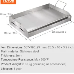VEVOR Stove Top Griddle, 23.5"x16" Pre-Seasoned Stainless Steel Griddle, Rectangular Double Burner Griddle Pan, Non-Stick Family Pan Cookware with Handles and Oil Groove, for BBQ, Gas Grills, Silver