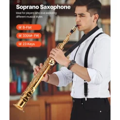 VEVOR Straight Soprano Saxophone, B Flat, Brass Saxophone Beginner Kit with Carrying Case, Mouthpiece, Cleaning Cloth Rod, Gloves, Neck Strap, 23 Keys Soprano Sax Kit, for Beginners Students, Gold