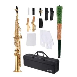 VEVOR Straight Soprano Saxophone, B Flat, Brass Saxophone Beginner Kit with Carrying Case, Mouthpiece, Cleaning Cloth Rod, Gloves, Neck Strap, 23 Keys Soprano Sax Kit, for Beginners Students, Gold