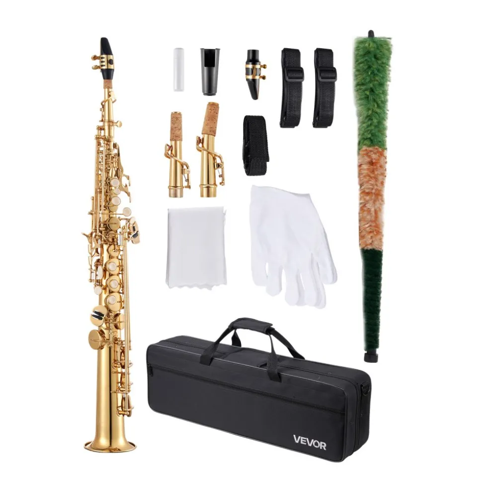 VEVOR Straight Soprano Saxophone, B Flat, Brass Saxophone Beginner Kit with Carrying Case, Mouthpiece, Cleaning Cloth Rod, Gloves, Neck Strap, 23 Keys Soprano Sax Kit, for Beginners Students, Gold