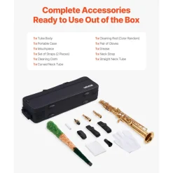 VEVOR Straight Soprano Saxophone, B Flat, Brass Saxophone Beginner Kit with Carrying Case, Mouthpiece, Cleaning Cloth Rod, Gloves, Neck Strap, 23 Keys Soprano Sax Kit, for Beginners Students, Gold