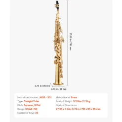 VEVOR Straight Soprano Saxophone, B Flat, Brass Saxophone Beginner Kit with Carrying Case, Mouthpiece, Cleaning Cloth Rod, Gloves, Neck Strap, 23 Keys Soprano Sax Kit, for Beginners Students, Gold