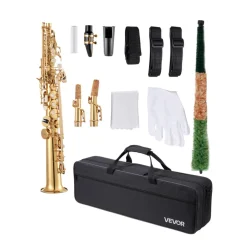 VEVOR Straight Soprano Saxophone, B Flat, Brass Saxophone Beginner Kit with Carrying Case, Mouthpiece, Cleaning Cloth Rod, Gloves, Neck Strap, 23 Keys Soprano Sax Kit, for Beginners Students, Gold