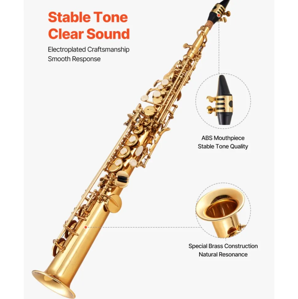 VEVOR Straight Soprano Saxophone, B Flat, Brass Saxophone Beginner Kit with Carrying Case, Mouthpiece, Cleaning Cloth Rod, Gloves, Neck Strap, 23 Keys Soprano Sax Kit, for Beginners Students, Gold