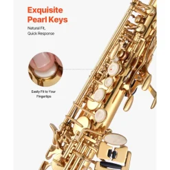VEVOR Straight Soprano Saxophone, B Flat, Brass Saxophone Beginner Kit with Carrying Case, Mouthpiece, Cleaning Cloth Rod, Gloves, Neck Strap, 23 Keys Soprano Sax Kit, for Beginners Students, Gold
