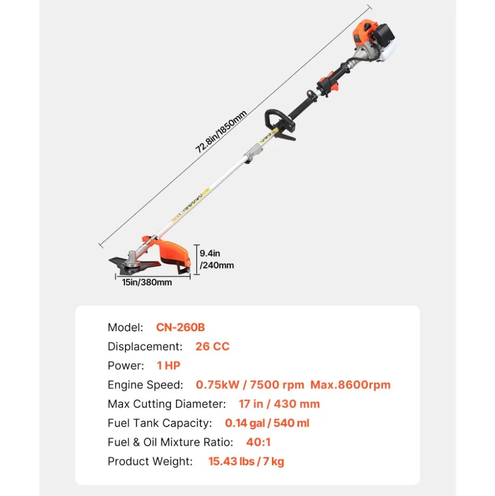 VEVOR String Trimmer, 26cc 2 in 1 Weed Wacker Gas Powered, 17" Cordless Grass Trimmer with 10" Brush Cutter, Shoulder Strap & 3T Blade, 2-Stroke Heavy-Duty Gas Weed Wacker for Quick Grass Cleaning