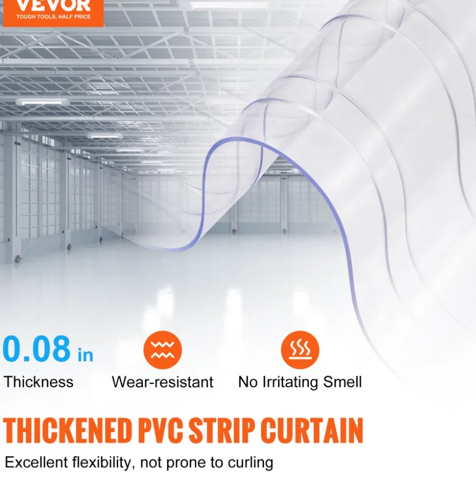VEVOR Strip Curtain, 164' Length, 8" Width, 0.08" Thickness, Clear Ribbed Plastic Door Strips, PVC Curtain Strip Door Bulk Roll for Warehouses, Factories, Supermarkets, Shopping Malls, Halls, Garages