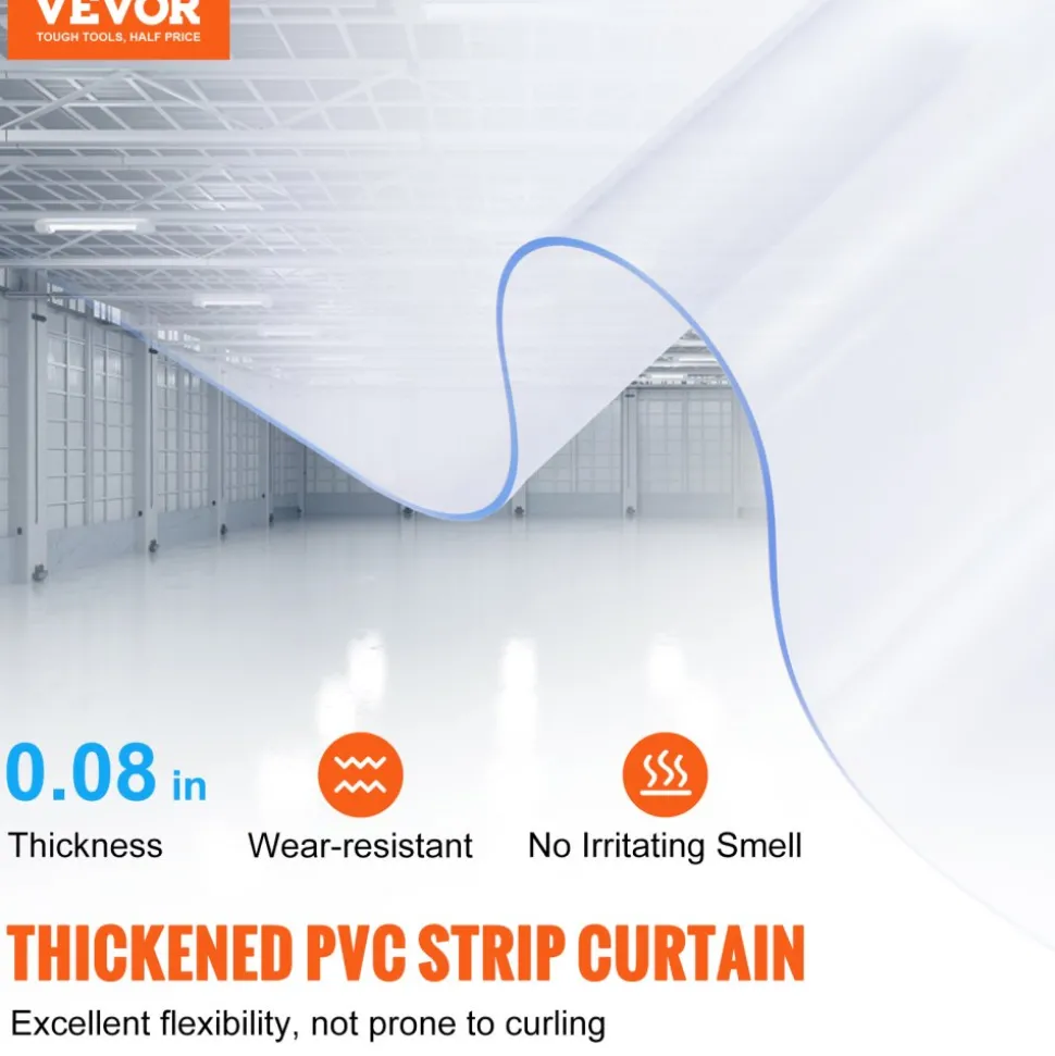 VEVOR Strip Curtain, 164' Length x 8" Width x 0.08" Thickness, Clear PVC Smooth Curtain Strip Door Bulk Roll, Plastic Door Strips for Doorways of Supermarket, Garage, Warehouse, Barn, Pet Animal House