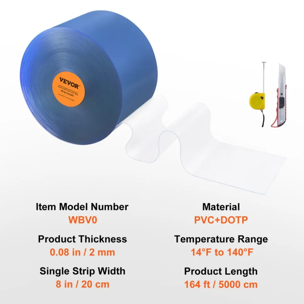 VEVOR Strip Curtain, 164' Length x 8" Width x 0.08" Thickness, Clear PVC Smooth Curtain Strip Door Bulk Roll, Plastic Door Strips for Doorways of Supermarket, Garage, Warehouse, Barn, Pet Animal House