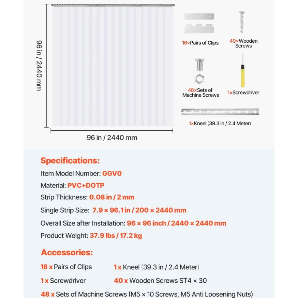 VEVOR Strip Curtain 16PCS, 96" Height, 96" Width, 0.08" Thickness, Clear Smooth Plastic Door Strips with 50% Overlap, PVC Strip Door Curtain Freezer Curtain for Warehouses, Walk in Freezers, Coolers