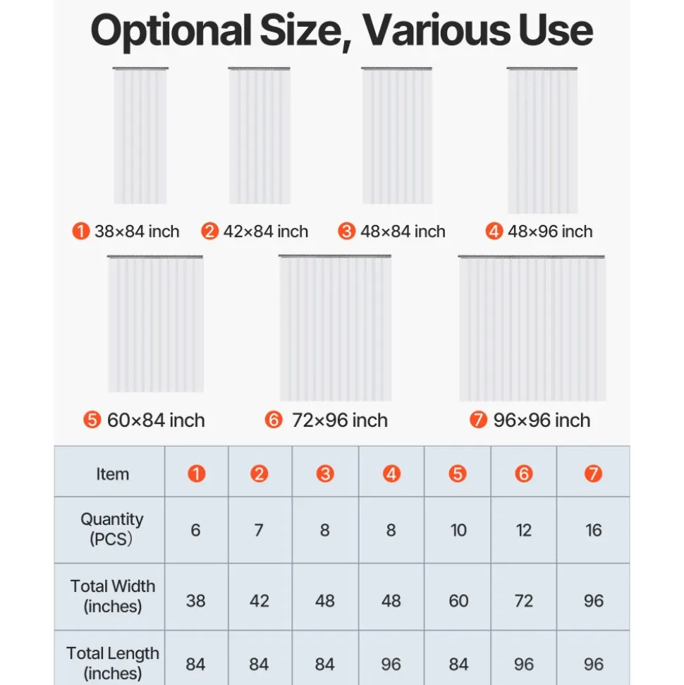 VEVOR Strip Curtain 16PCS, 96" Height, 96" Width, 0.08" Thickness, Clear Smooth Plastic Door Strips with 50% Overlap, PVC Strip Door Curtain Freezer Curtain for Warehouses, Walk in Freezers, Coolers