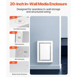 VEVOR Structured Media Enclosure, 20-Inch, Recessed in-Wall Media Box with Cover, Wall-Mount Cable Management Box Kit, Structured Wiring Multi-Media Cabinet, Cold-Rolled Steel, for TV Home Theater