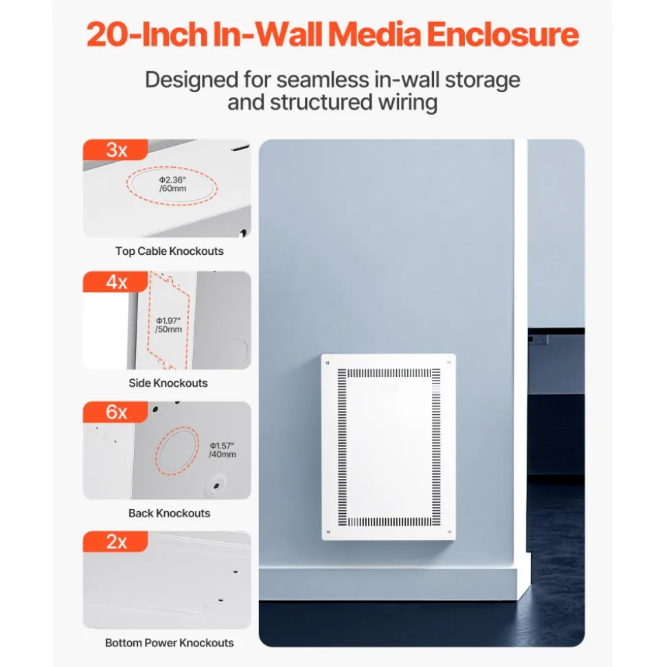 VEVOR Structured Media Enclosure, 20-Inch, Recessed in-Wall Media Box with Cover, Wall-Mount Cable Management Box Kit, Structured Wiring Multi-Media Cabinet, Cold-Rolled Steel, for TV Home Theater