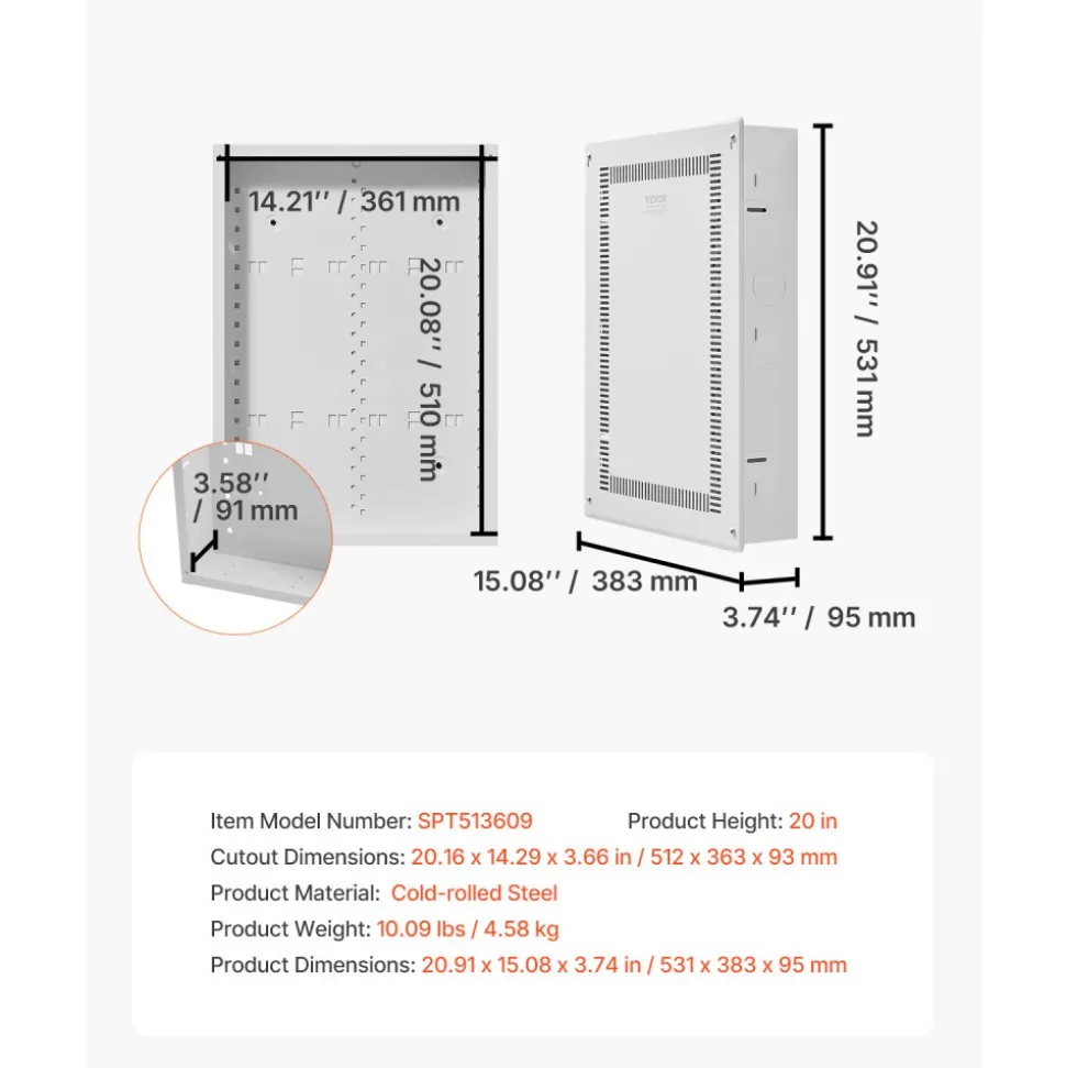 VEVOR Structured Media Enclosure, 20-Inch, Recessed in-Wall Media Box with Cover, Wall-Mount Cable Management Box Kit, Structured Wiring Multi-Media Cabinet, Cold-Rolled Steel, for TV Home Theater