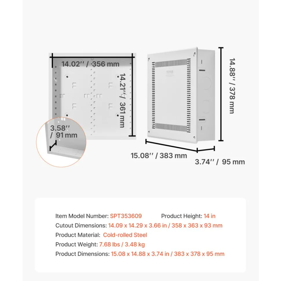 VEVOR Structured Media Enclosure, 14-Inch, Recessed in-Wall Media Box with Cover, Wall-Mount Cable Management Box Kit, Structured Wiring Multi-Media Cabinet, Cold-Rolled Steel, for TV Home Theater