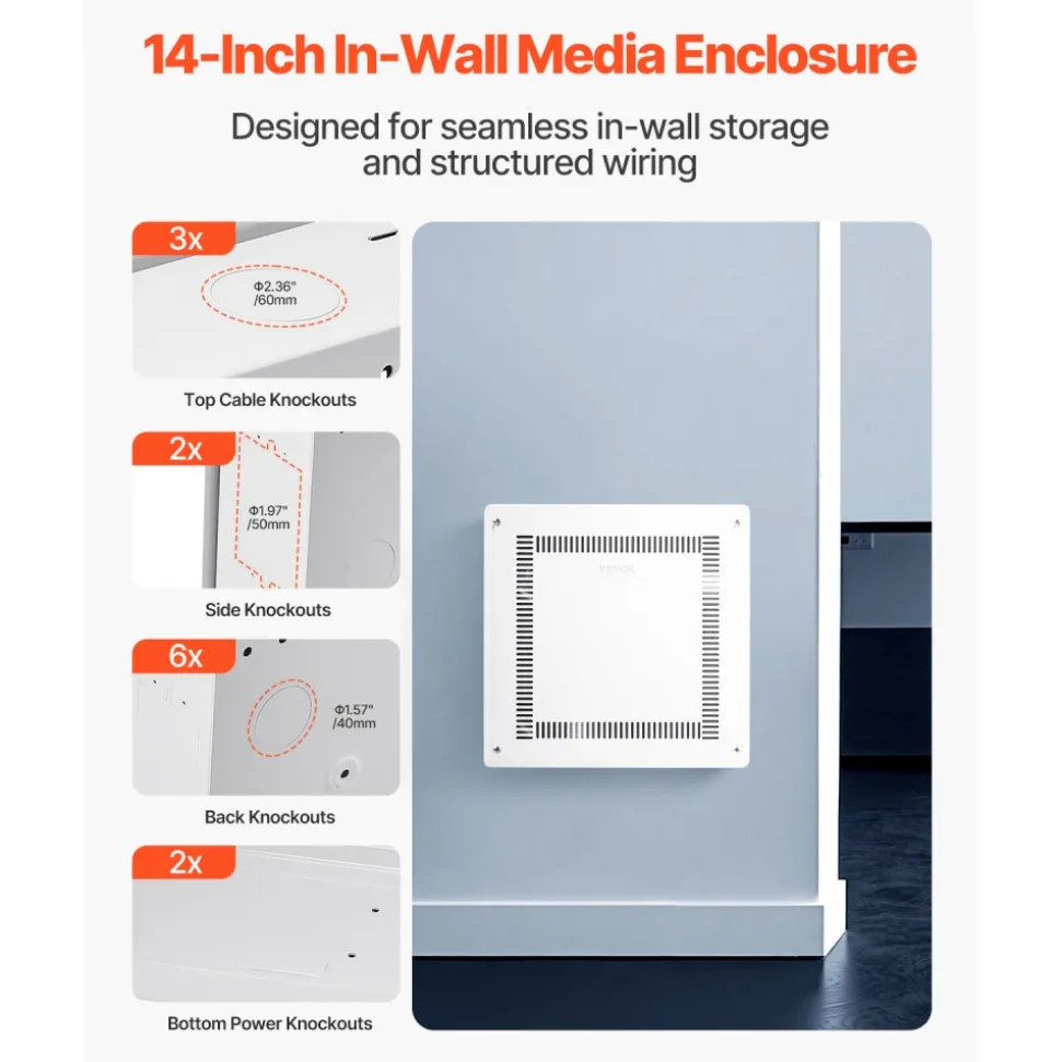 VEVOR Structured Media Enclosure, 14-Inch, Recessed in-Wall Media Box with Cover, Wall-Mount Cable Management Box Kit, Structured Wiring Multi-Media Cabinet, Cold-Rolled Steel, for TV Home Theater