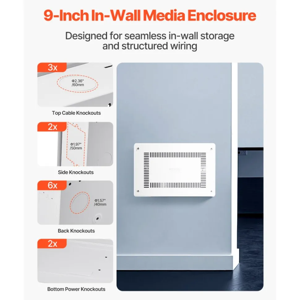 VEVOR Structured Media Enclosure, 9-Inch, Recessed in-Wall Media Box with Cover, Wall-Mount Cable Management Box Kit, Structured Wiring Multi-Media Cabinet, Cold-Rolled Steel, for TV Home Theater