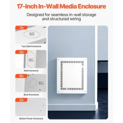 VEVOR Structured Media Enclosure, 17-Inch, Recessed in-Wall Media Box with Cover, Wall-Mount Cable Management Box Kit, Structured Wiring Multi-Media Cabinet, Cold-Rolled Steel, for TV Home Theater