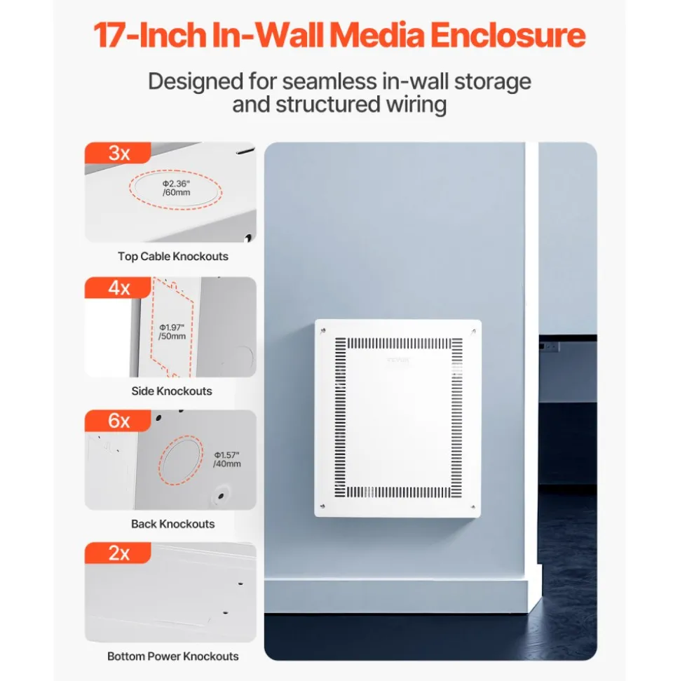VEVOR Structured Media Enclosure, 17-Inch, Recessed in-Wall Media Box with Cover, Wall-Mount Cable Management Box Kit, Structured Wiring Multi-Media Cabinet, Cold-Rolled Steel, for TV Home Theater