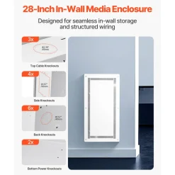 VEVOR Structured Media Enclosure, 28-Inch, Recessed in-Wall Media Box with Cover, Wall-Mount Cable Management Box Kit, Structured Wiring Multi-Media Cabinet, Cold-Rolled Steel, for TV Home Theater