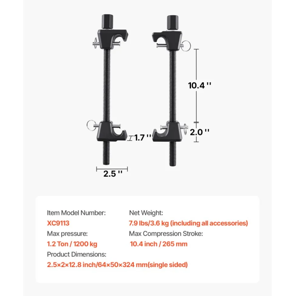 VEVOR Strut Spring Compressor, 2 Pack, Heavy Duty Coil Spring Compressor Tool with 10.4 Inches(256 mm) Range, Compatible with 0.86 inches(22 mm) Hex Sockets, Fit for Car Truck Motorcycle, Black