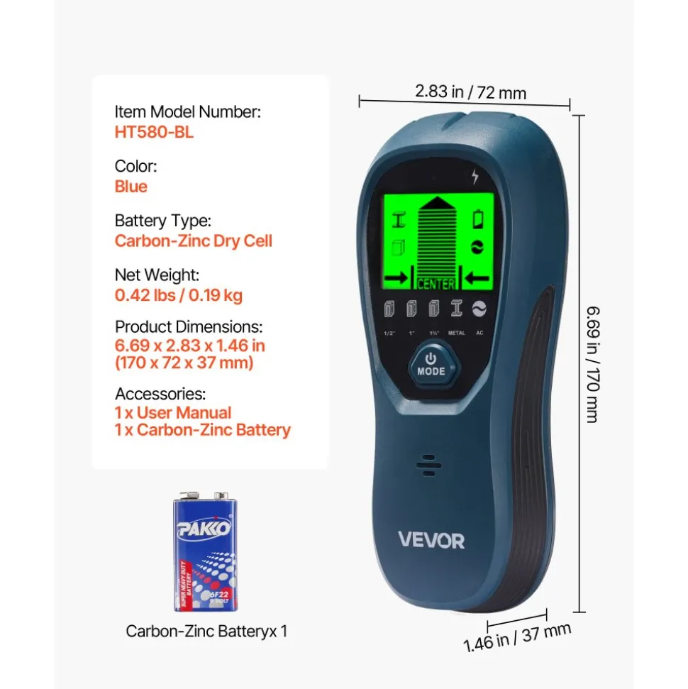 VEVOR Stud Finder Wall Scanner, 5 in 1, Electronic Wall Stud Detector with Smart Sensor, High-Definition LCD Display and Audio Alarm, for the Center and Edge of Metal, AC Wire, Joists, Pipes, Blue