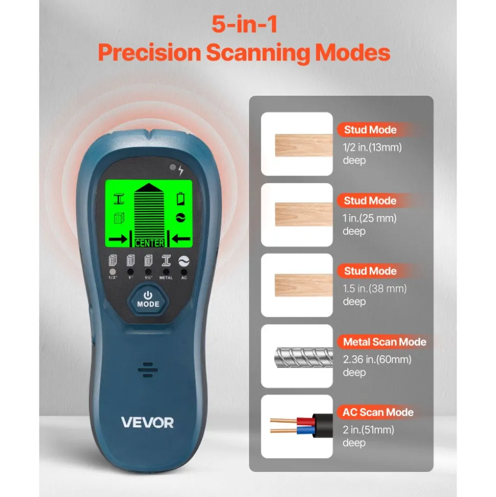 VEVOR Stud Finder Wall Scanner, 5 in 1, Electronic Wall Stud Detector with Smart Sensor, High-Definition LCD Display and Audio Alarm, for the Center and Edge of Metal, AC Wire, Joists, Pipes, Blue