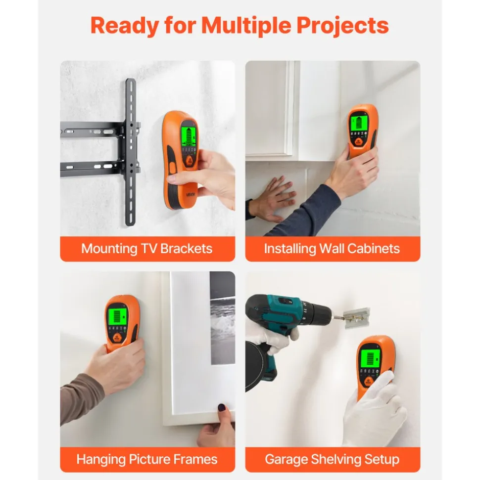 VEVOR Stud Finder Wall Scanner, 5 in 1, Electronic Wall Stud Detector with Smart Sensor, High-Definition LCD Display and Audio Alarm, for the Center and Edge of Metal, AC Wire, Joists, Pipes, Orange