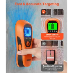 VEVOR Stud Finder Wall Scanner, 5 in 1, Electronic Wall Stud Detector with Smart Sensor, High-Definition LCD Display and Audio Alarm, for the Center and Edge of Metal, AC Wire, Joists, Pipes, Orange