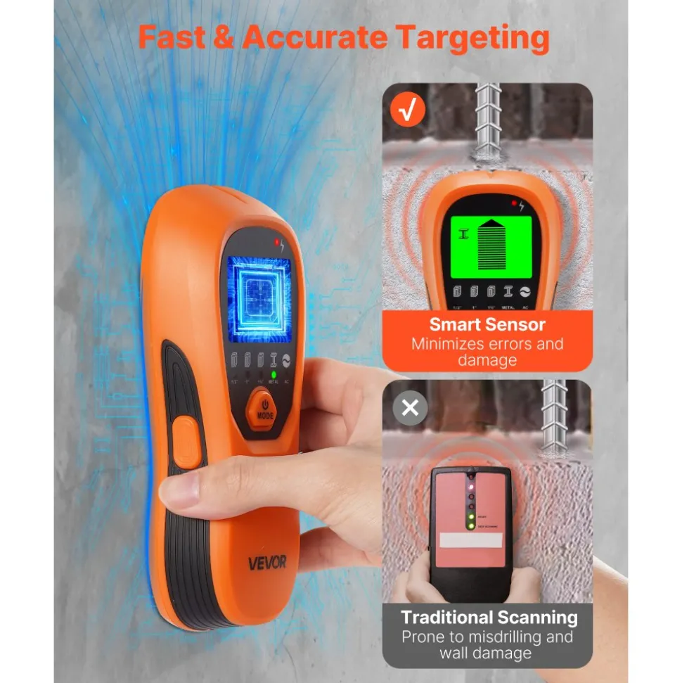 VEVOR Stud Finder Wall Scanner, 5 in 1, Electronic Wall Stud Detector with Smart Sensor, High-Definition LCD Display and Audio Alarm, for the Center and Edge of Metal, AC Wire, Joists, Pipes, Orange