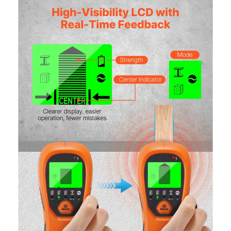 VEVOR Stud Finder Wall Scanner, 5 in 1, Electronic Wall Stud Detector with Smart Sensor, High-Definition LCD Display and Audio Alarm, for the Center and Edge of Metal, AC Wire, Joists, Pipes, Orange