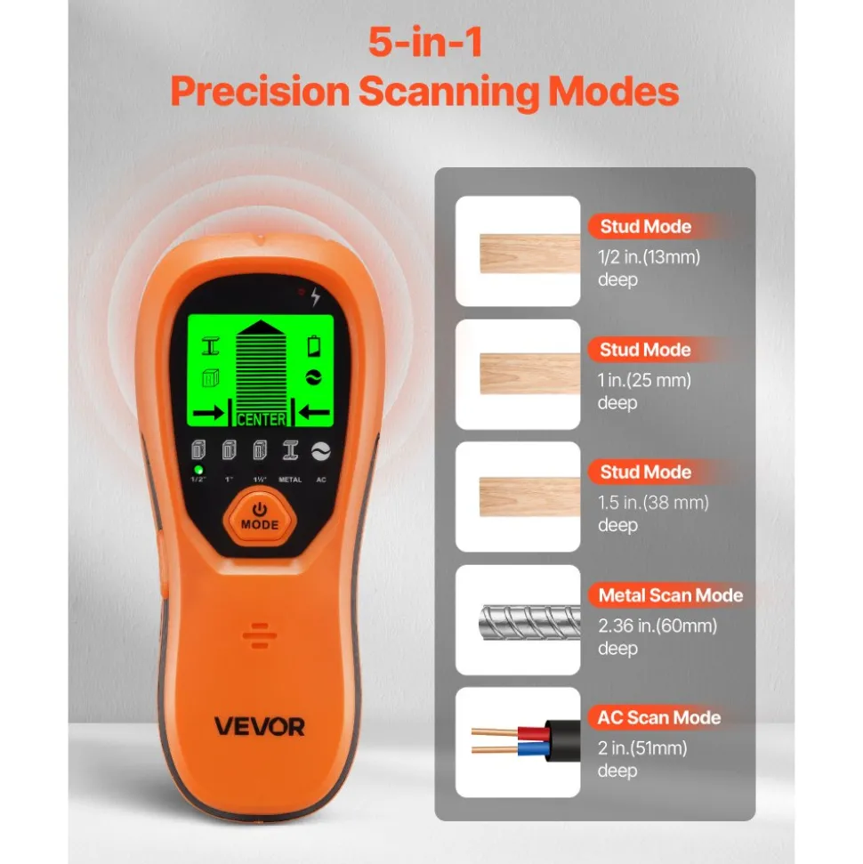 VEVOR Stud Finder Wall Scanner, 5 in 1, Electronic Wall Stud Detector with Smart Sensor, High-Definition LCD Display and Audio Alarm, for the Center and Edge of Metal, AC Wire, Joists, Pipes, Orange