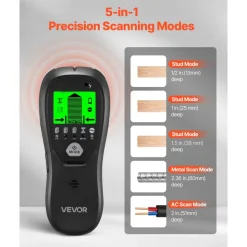 VEVOR Stud Finder Wall Scanner, 5 in 1, Electronic Wall Stud Detector with Smart Sensor, High-Definition LCD Display and Audio Alarm, for the Center and Edge of Metal, AC Wire, Joists, Pipes, Black