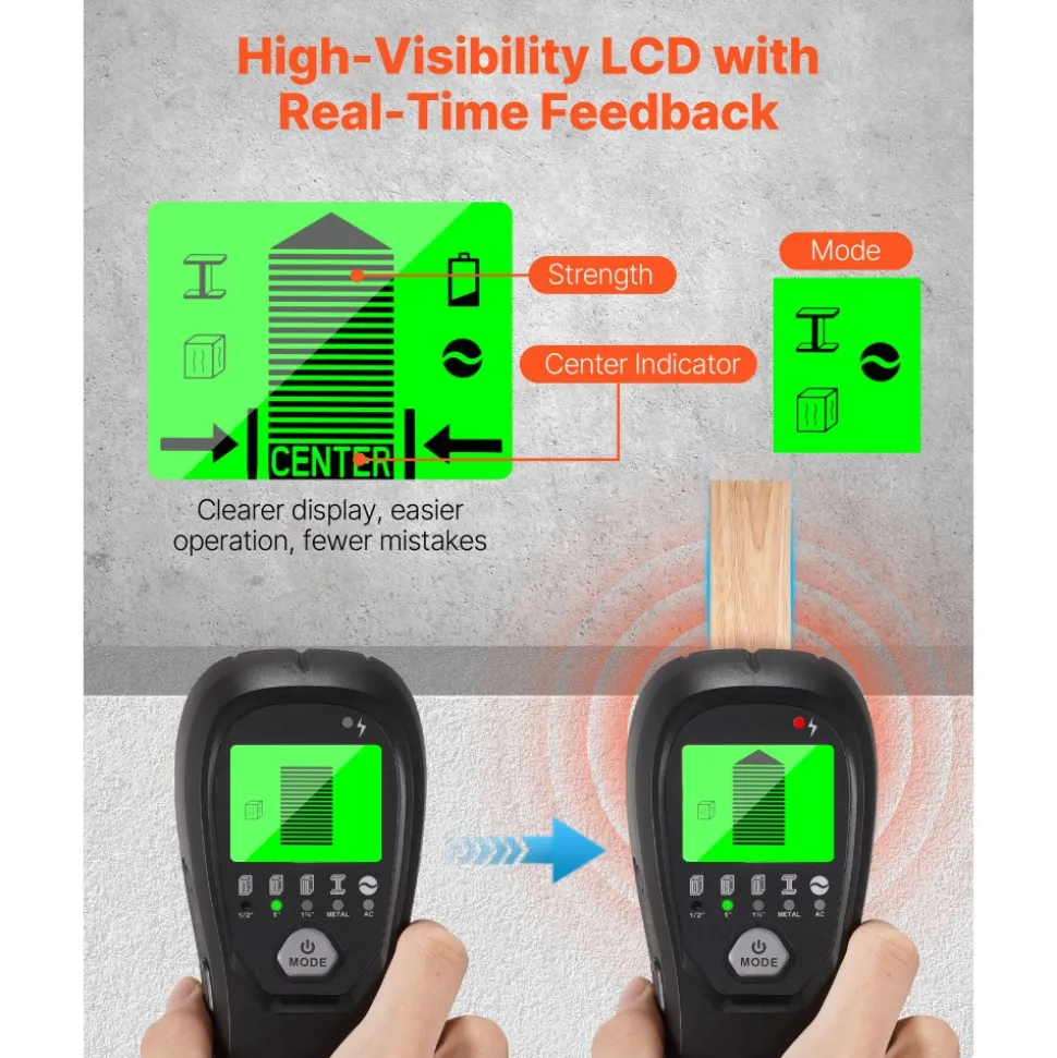 VEVOR Stud Finder Wall Scanner, 5 in 1, Electronic Wall Stud Detector with Smart Sensor, High-Definition LCD Display and Audio Alarm, for the Center and Edge of Metal, AC Wire, Joists, Pipes, Black